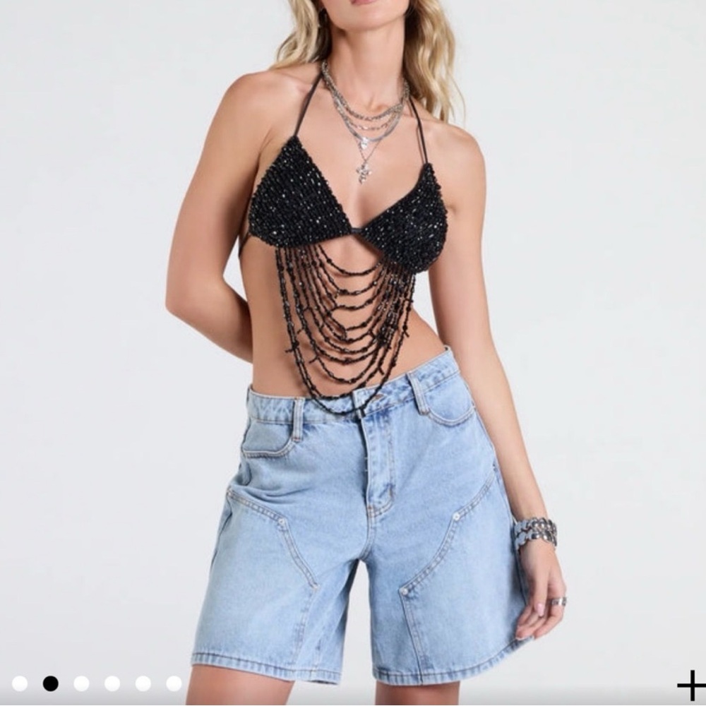 Windsor Black Beaded Halter Chain Crop Top
